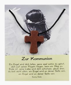 „Zur Kommunion“ Goldfluss rot Pilgerkreuz Anhänger auf großer Karte